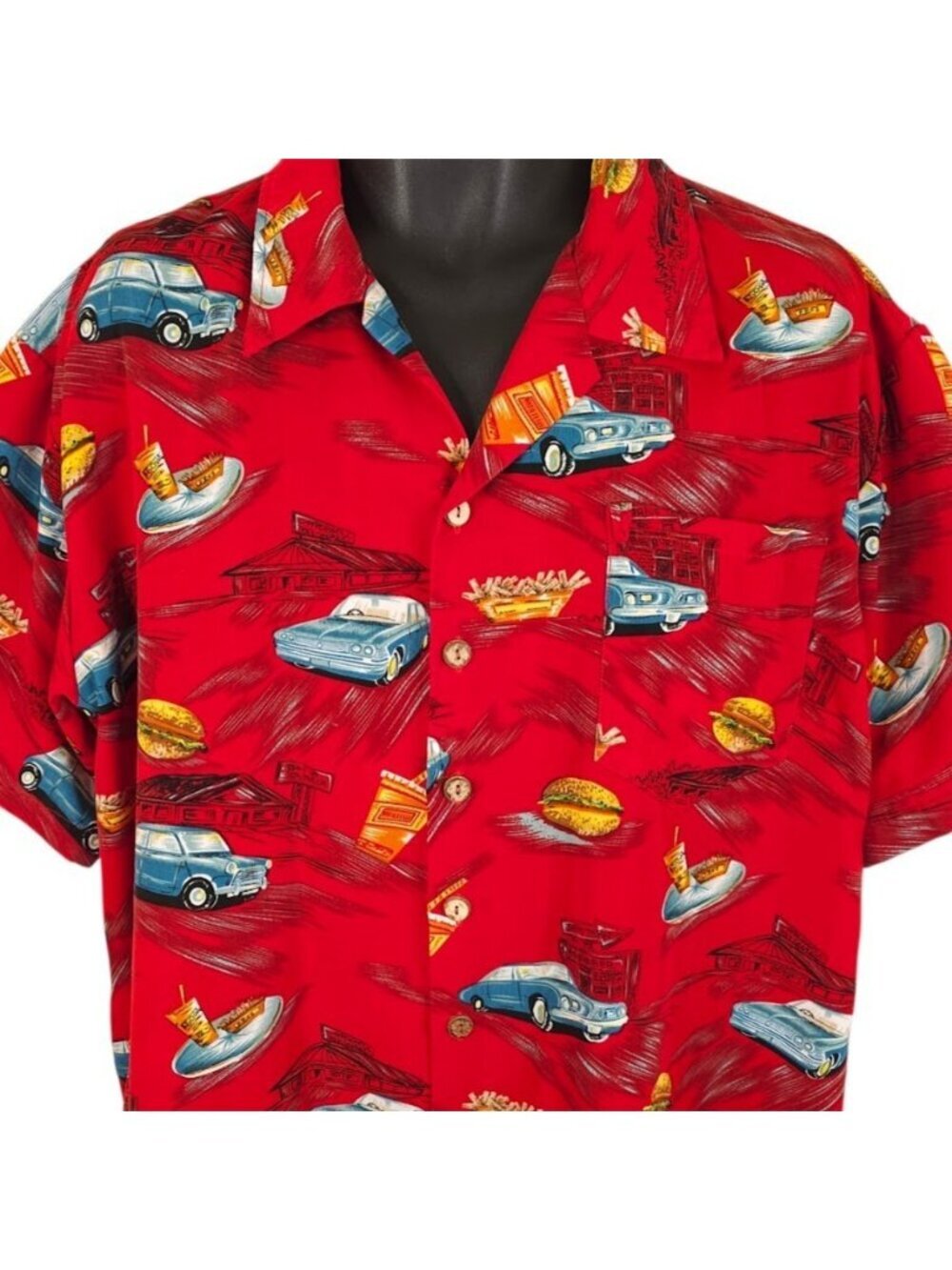 Retro Drive In Diner Camp Shirt Mens Size XL Red Classic Cars All Over Print